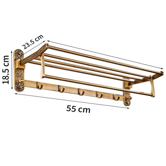 Foldable Antique Brass Towel Rack, Double Shelf Bathroom Holder with Hooks, Space Saving Bath Accessories for Wall Mounting